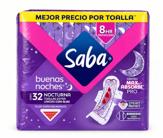 Imagen de Toallas Sanitarias Nocturnas Saba Buenas Noches (32 unidades)